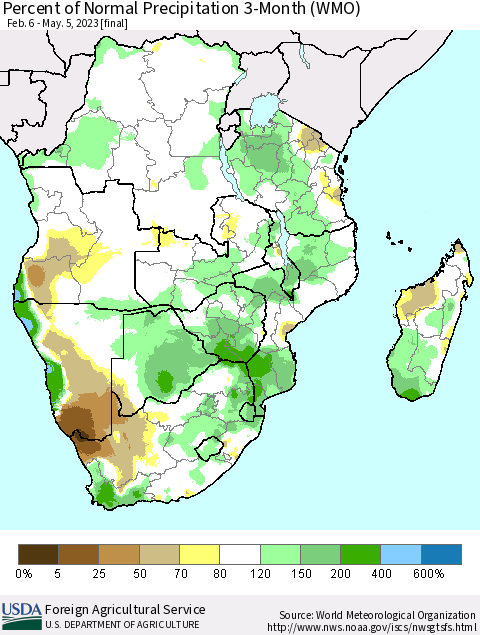 Southern Africa Percent of Normal Precipitation 3-Month (WMO) Thematic Map For 2/6/2023 - 5/5/2023
