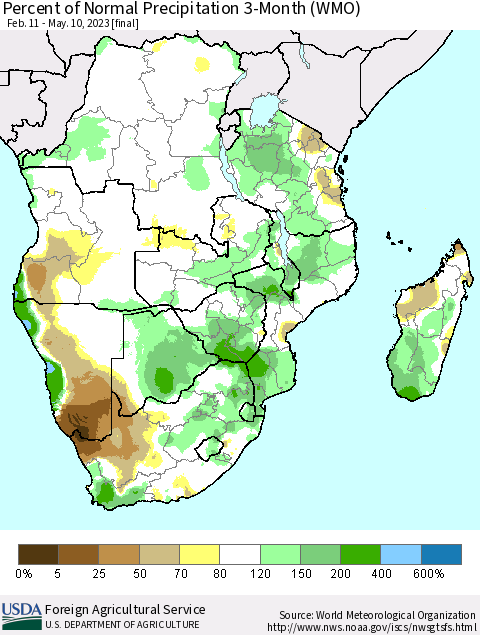 Southern Africa Percent of Normal Precipitation 3-Month (WMO) Thematic Map For 2/11/2023 - 5/10/2023