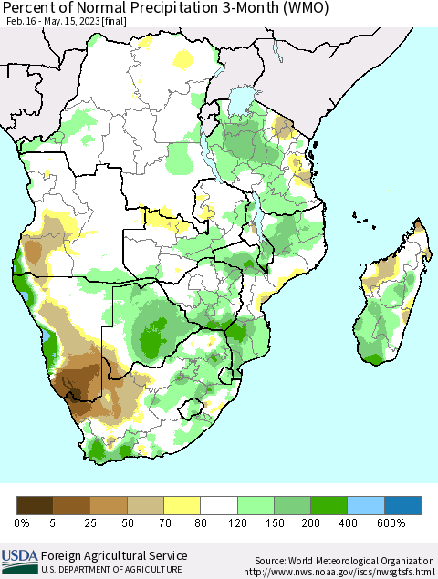 Southern Africa Percent of Normal Precipitation 3-Month (WMO) Thematic Map For 2/16/2023 - 5/15/2023