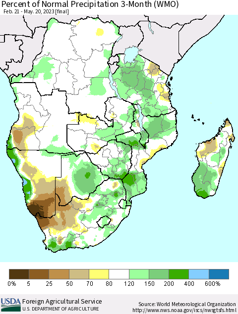 Southern Africa Percent of Normal Precipitation 3-Month (WMO) Thematic Map For 2/21/2023 - 5/20/2023