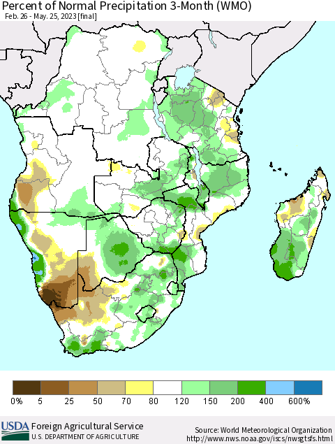 Southern Africa Percent of Normal Precipitation 3-Month (WMO) Thematic Map For 2/26/2023 - 5/25/2023