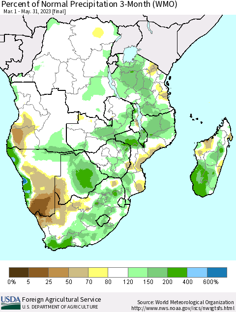 Southern Africa Percent of Normal Precipitation 3-Month (WMO) Thematic Map For 3/1/2023 - 5/31/2023