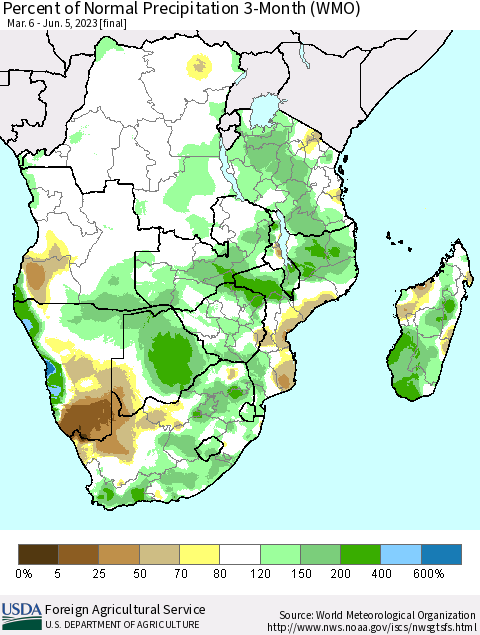 Southern Africa Percent of Normal Precipitation 3-Month (WMO) Thematic Map For 3/6/2023 - 6/5/2023