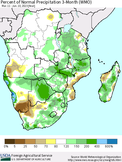 Southern Africa Percent of Normal Precipitation 3-Month (WMO) Thematic Map For 3/11/2023 - 6/10/2023