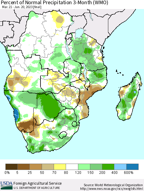 Southern Africa Percent of Normal Precipitation 3-Month (WMO) Thematic Map For 3/21/2023 - 6/20/2023