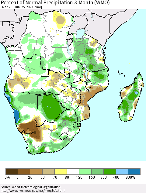 Southern Africa Percent of Normal Precipitation 3-Month (WMO) Thematic Map For 3/26/2023 - 6/25/2023