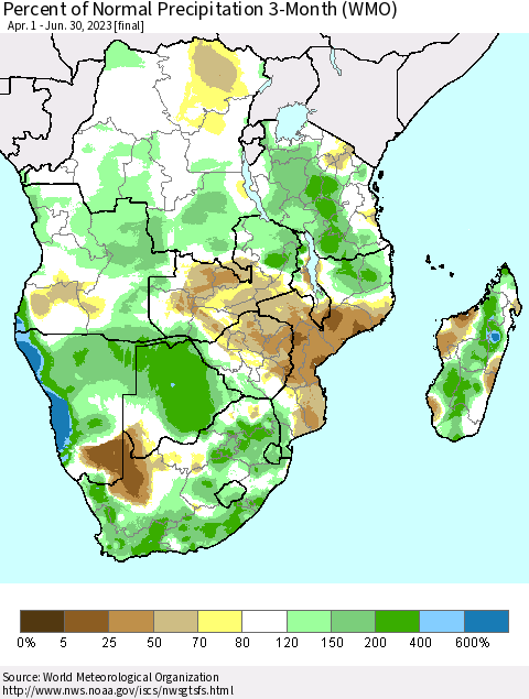 Southern Africa Percent of Normal Precipitation 3-Month (WMO) Thematic Map For 4/1/2023 - 6/30/2023