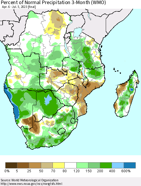 Southern Africa Percent of Normal Precipitation 3-Month (WMO) Thematic Map For 4/6/2023 - 7/5/2023