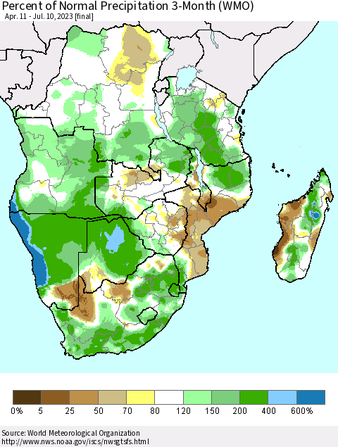 Southern Africa Percent of Normal Precipitation 3-Month (WMO) Thematic Map For 4/11/2023 - 7/10/2023