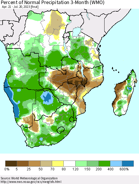 Southern Africa Percent of Normal Precipitation 3-Month (WMO) Thematic Map For 4/21/2023 - 7/20/2023