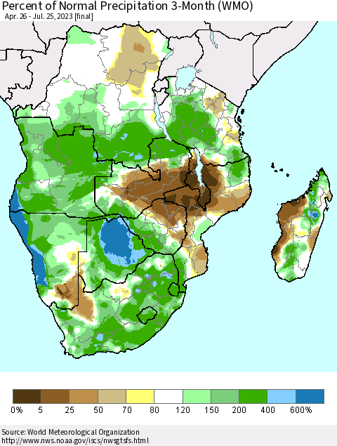 Southern Africa Percent of Normal Precipitation 3-Month (WMO) Thematic Map For 4/26/2023 - 7/25/2023