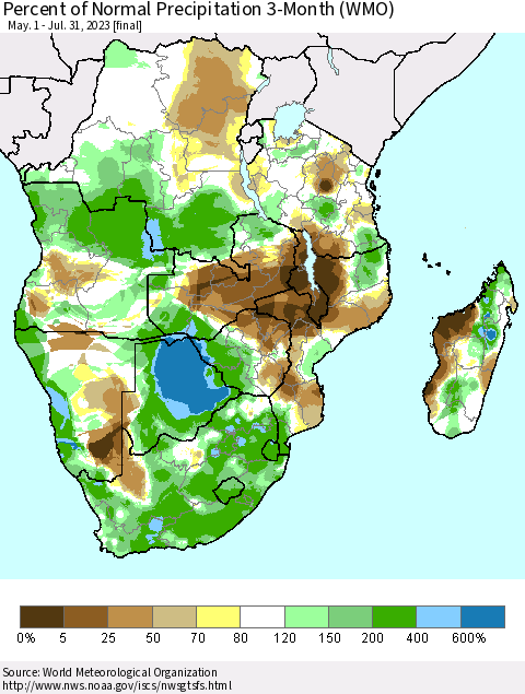 Southern Africa Percent of Normal Precipitation 3-Month (WMO) Thematic Map For 5/1/2023 - 7/31/2023