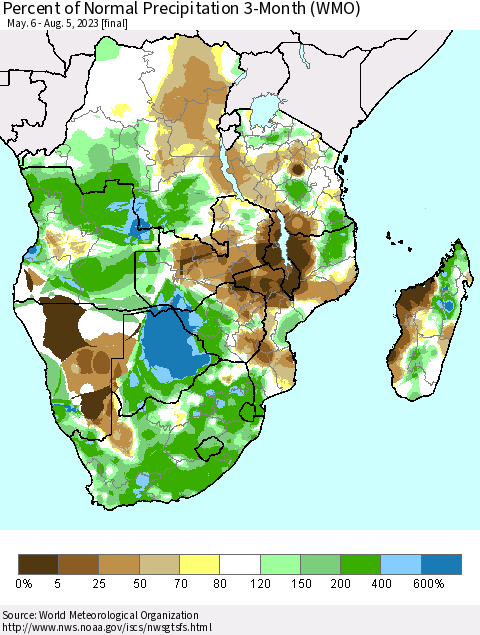 Southern Africa Percent of Normal Precipitation 3-Month (WMO) Thematic Map For 5/6/2023 - 8/5/2023