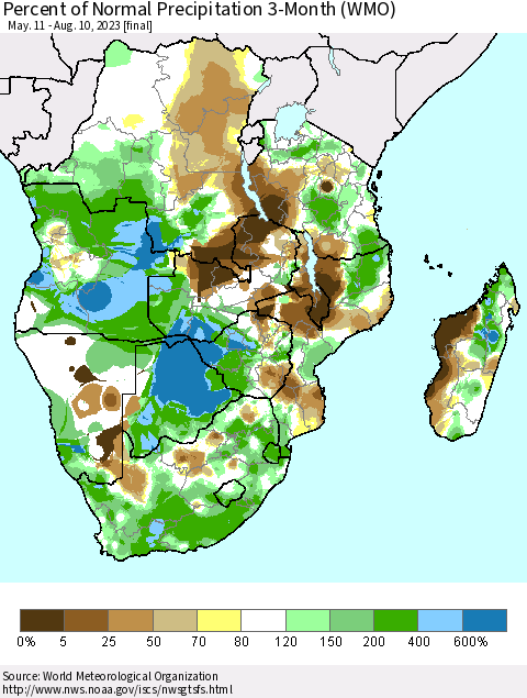 Southern Africa Percent of Normal Precipitation 3-Month (WMO) Thematic Map For 5/11/2023 - 8/10/2023