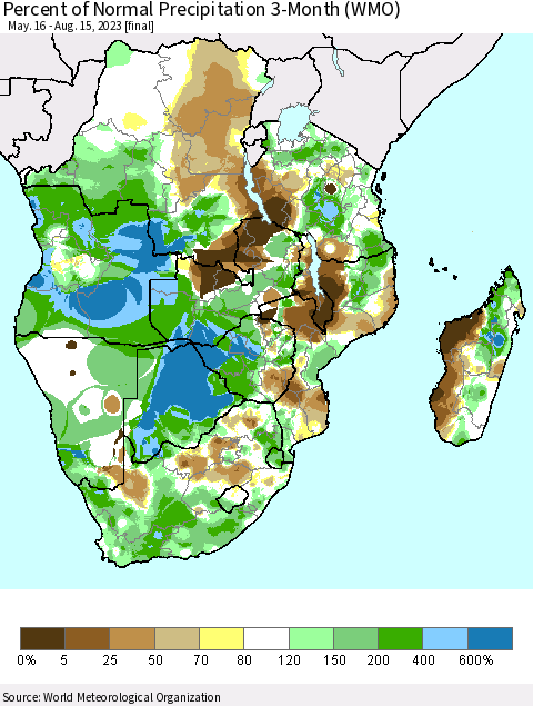 Southern Africa Percent of Normal Precipitation 3-Month (WMO) Thematic Map For 5/16/2023 - 8/15/2023
