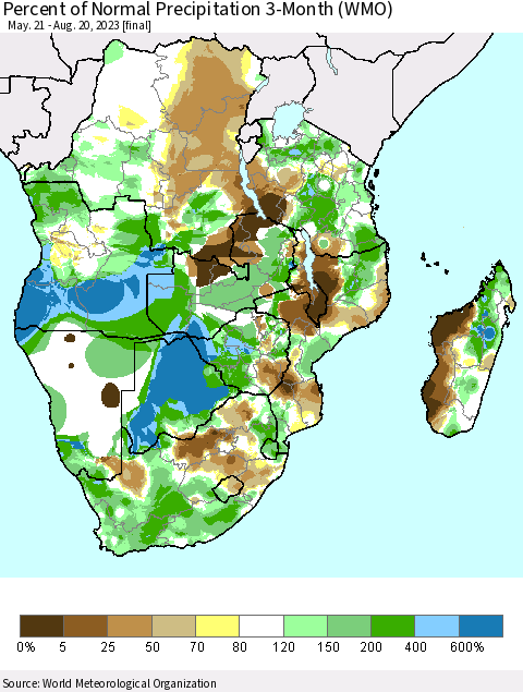 Southern Africa Percent of Normal Precipitation 3-Month (WMO) Thematic Map For 5/21/2023 - 8/20/2023