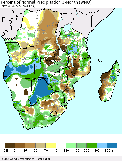Southern Africa Percent of Normal Precipitation 3-Month (WMO) Thematic Map For 5/26/2023 - 8/25/2023