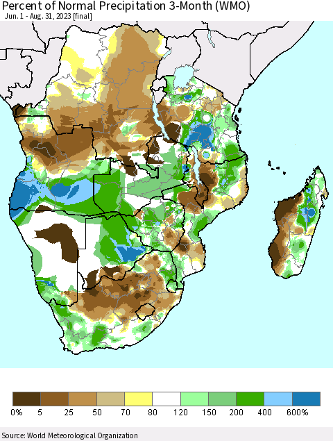 Southern Africa Percent of Normal Precipitation 3-Month (WMO) Thematic Map For 6/1/2023 - 8/31/2023