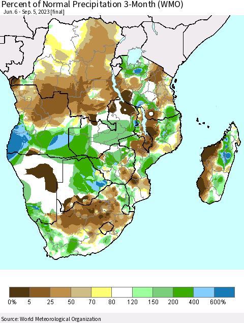 Southern Africa Percent of Normal Precipitation 3-Month (WMO) Thematic Map For 6/6/2023 - 9/5/2023