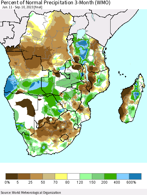 Southern Africa Percent of Normal Precipitation 3-Month (WMO) Thematic Map For 6/11/2023 - 9/10/2023