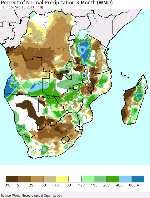 Southern Africa Percent of Normal Precipitation 3-Month (WMO) Thematic Map For 6/16/2023 - 9/15/2023