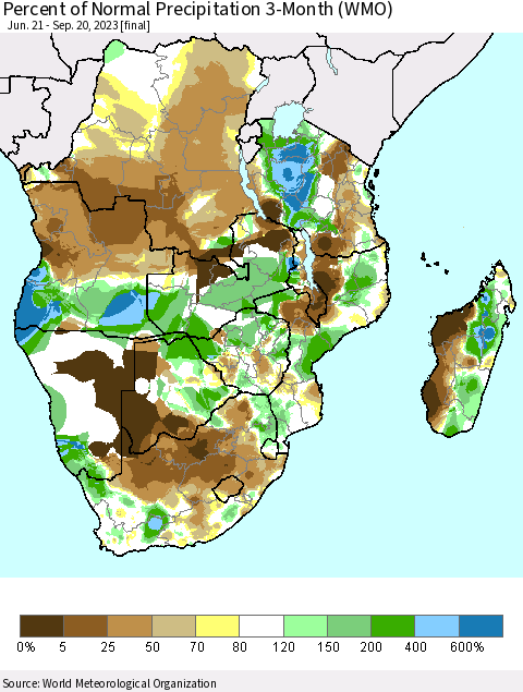 Southern Africa Percent of Normal Precipitation 3-Month (WMO) Thematic Map For 6/21/2023 - 9/20/2023