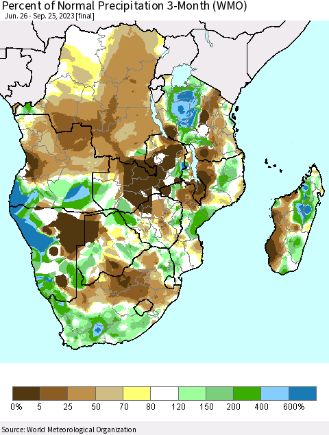 Southern Africa Percent of Normal Precipitation 3-Month (WMO) Thematic Map For 6/26/2023 - 9/25/2023