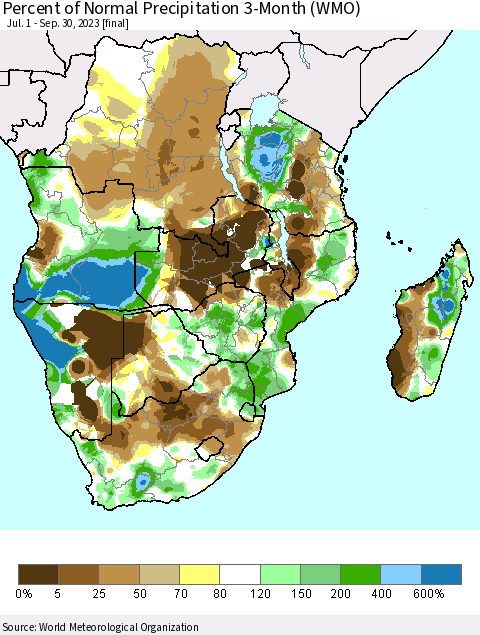 Southern Africa Percent of Normal Precipitation 3-Month (WMO) Thematic Map For 7/1/2023 - 9/30/2023