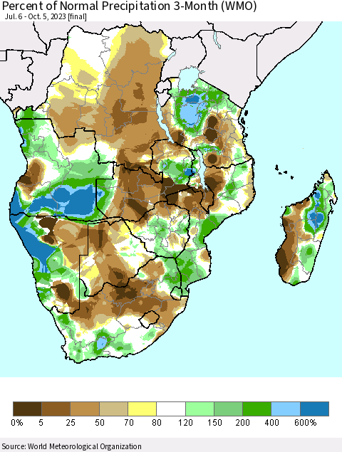 Southern Africa Percent of Normal Precipitation 3-Month (WMO) Thematic Map For 7/6/2023 - 10/5/2023