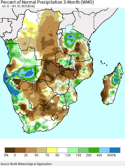 Southern Africa Percent of Normal Precipitation 3-Month (WMO) Thematic Map For 7/11/2023 - 10/10/2023