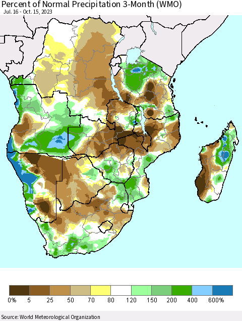 Southern Africa Percent of Normal Precipitation 3-Month (WMO) Thematic Map For 7/16/2023 - 10/15/2023