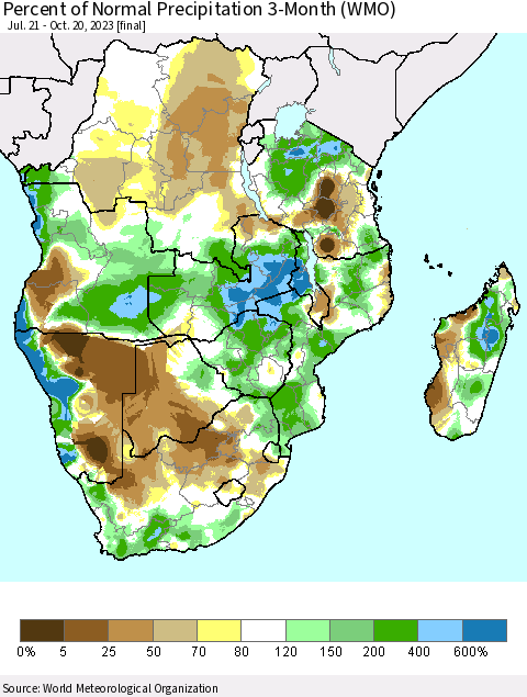 Southern Africa Percent of Normal Precipitation 3-Month (WMO) Thematic Map For 7/21/2023 - 10/20/2023