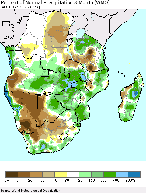 Southern Africa Percent of Normal Precipitation 3-Month (WMO) Thematic Map For 8/1/2023 - 10/31/2023