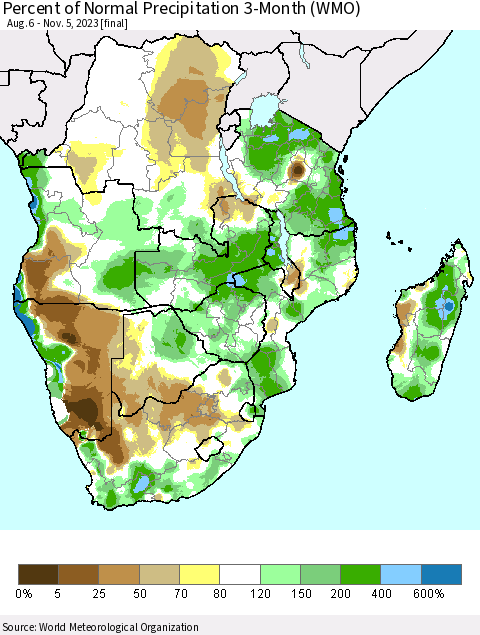 Southern Africa Percent of Normal Precipitation 3-Month (WMO) Thematic Map For 8/6/2023 - 11/5/2023