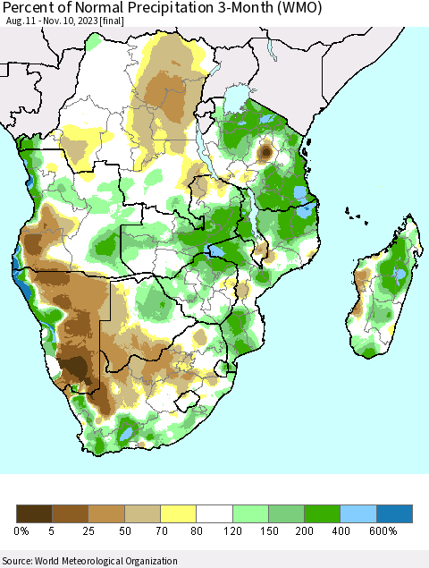 Southern Africa Percent of Normal Precipitation 3-Month (WMO) Thematic Map For 8/11/2023 - 11/10/2023