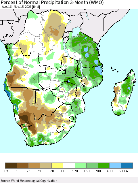 Southern Africa Percent of Normal Precipitation 3-Month (WMO) Thematic Map For 8/16/2023 - 11/15/2023