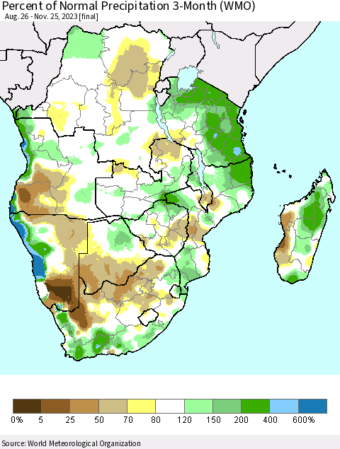 Southern Africa Percent of Normal Precipitation 3-Month (WMO) Thematic Map For 8/26/2023 - 11/25/2023