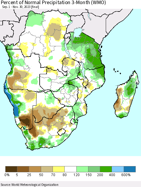 Southern Africa Percent of Normal Precipitation 3-Month (WMO) Thematic Map For 9/1/2023 - 11/30/2023