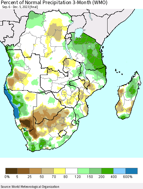 Southern Africa Percent of Normal Precipitation 3-Month (WMO) Thematic Map For 9/6/2023 - 12/5/2023
