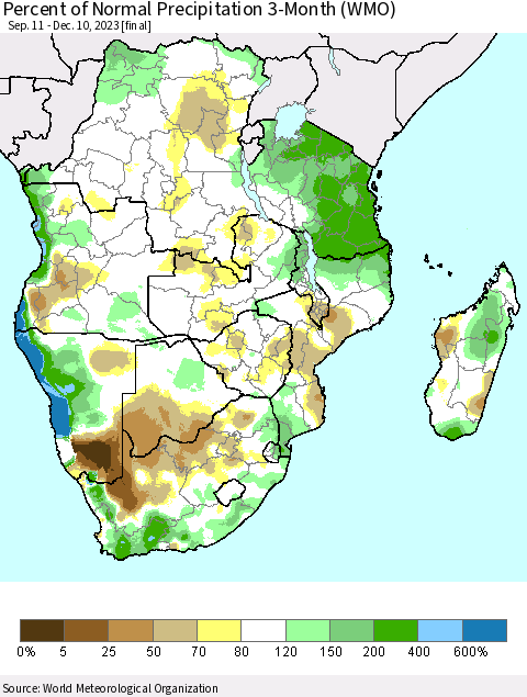 Southern Africa Percent of Normal Precipitation 3-Month (WMO) Thematic Map For 9/11/2023 - 12/10/2023