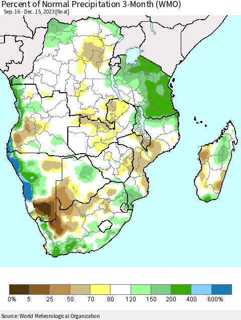 Southern Africa Percent of Normal Precipitation 3-Month (WMO) Thematic Map For 9/16/2023 - 12/15/2023