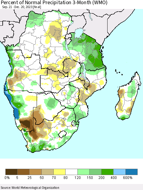 Southern Africa Percent of Normal Precipitation 3-Month (WMO) Thematic Map For 9/21/2023 - 12/20/2023