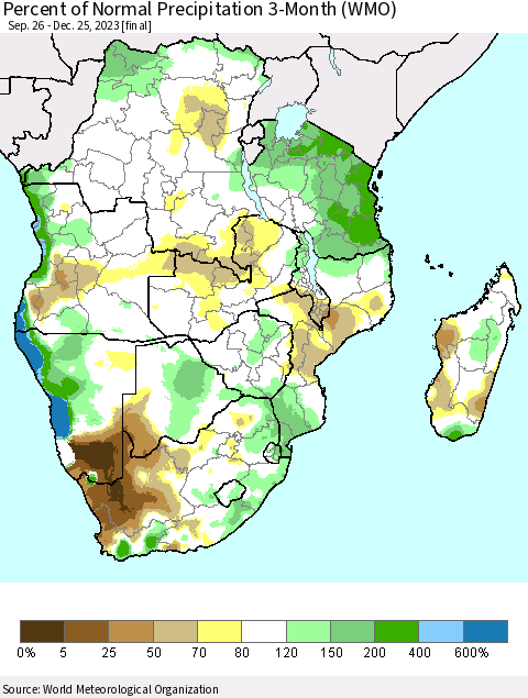 Southern Africa Percent of Normal Precipitation 3-Month (WMO) Thematic Map For 9/26/2023 - 12/25/2023
