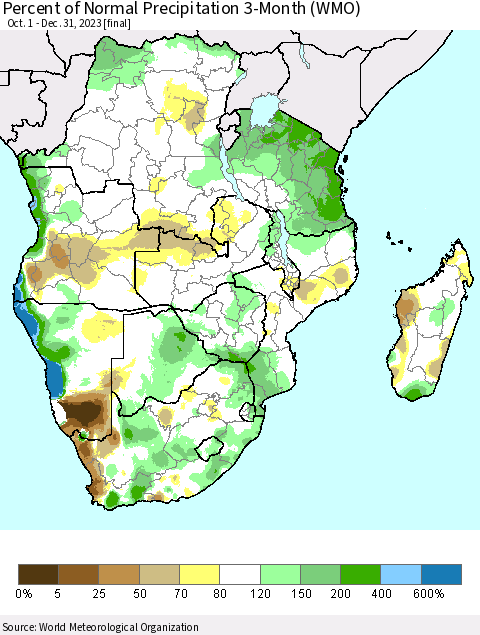 Southern Africa Percent of Normal Precipitation 3-Month (WMO) Thematic Map For 10/1/2023 - 12/31/2023