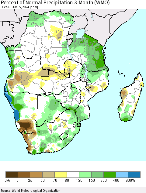 Southern Africa Percent of Normal Precipitation 3-Month (WMO) Thematic Map For 10/6/2023 - 1/5/2024