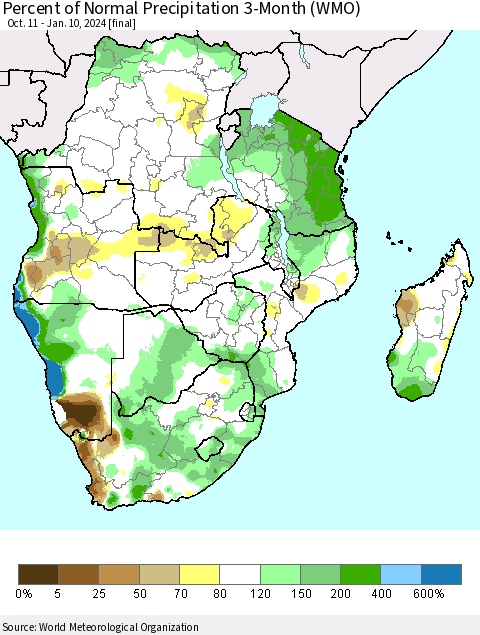 Southern Africa Percent of Normal Precipitation 3-Month (WMO) Thematic Map For 10/11/2023 - 1/10/2024