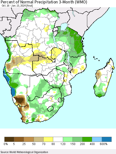 Southern Africa Percent of Normal Precipitation 3-Month (WMO) Thematic Map For 10/16/2023 - 1/15/2024