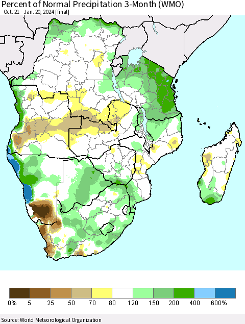 Southern Africa Percent of Normal Precipitation 3-Month (WMO) Thematic Map For 10/21/2023 - 1/20/2024