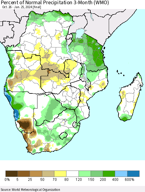 Southern Africa Percent of Normal Precipitation 3-Month (WMO) Thematic Map For 10/26/2023 - 1/25/2024