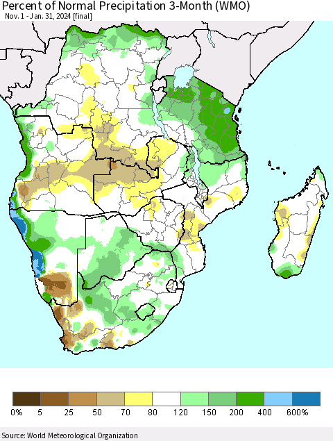 Southern Africa Percent of Normal Precipitation 3-Month (WMO) Thematic Map For 11/1/2023 - 1/31/2024